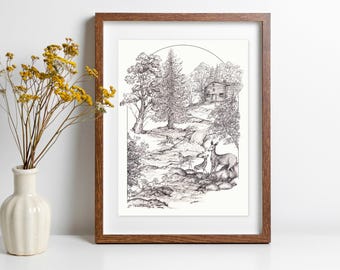 River Dreams, Forest Print with Deer: Signed with Mat (11x14)