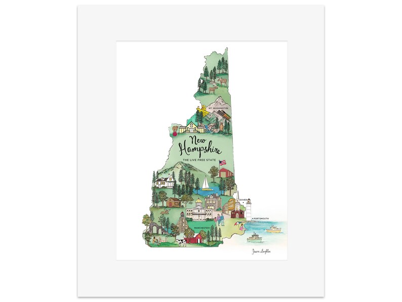 New Hampshire Map Art Print: Signed With Mat, Travel Map Art (11x14) - Etsy