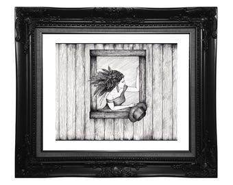 Goodbye, Cowboy - Western Art Pen & Ink: Signed with Mat (11x14)