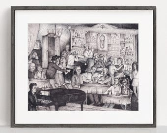 The Piano Bar Pen & Ink Print: Signed with Mat (11x14)