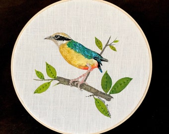 Bird embroidered hoop, Indian pitta bird painted - Yellow bird hoop 12 inches