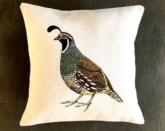 Bird pillow- Quail pillow hand painted  -12 x 12 inches - California quail pillow -Bird decor