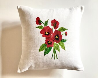 Pansies pillow -Hand embroidered Pansies -12 x 12 inches -Red pansies - Hand painted Floral pillow