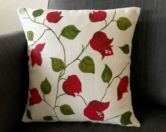 Floral pillow -Bougainvillea pillow -12 x 12 inches Pillow -Hand painted pillow - Floral decor - Red pillow