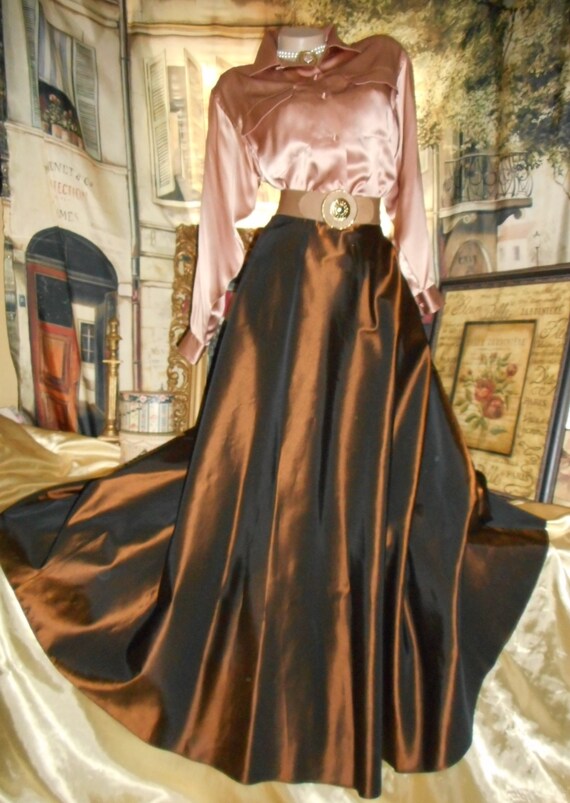 8 S Long Satin Skirt Brown Taffeta 140" Sweep m/i