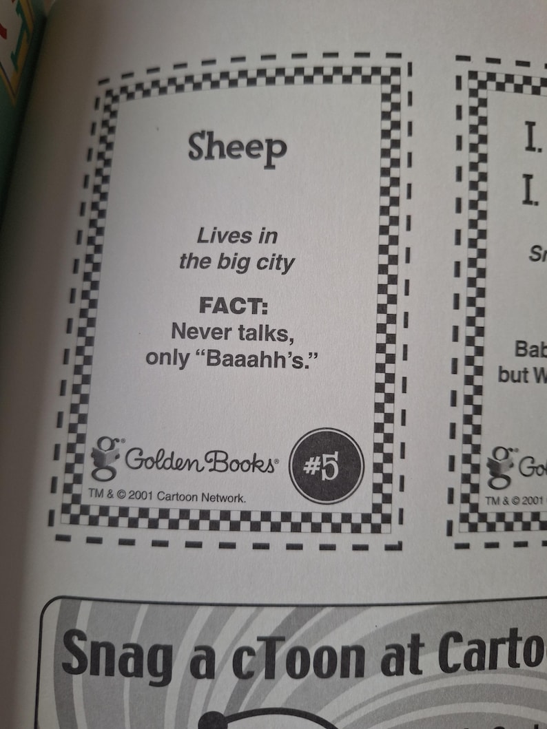 May include: A page from a Golden Books book featuring a card about a sheep. The card has a black and white checkered border and includes the text "Sheep", "Lives in the big city", and "FACT: Never talks, only 'Baaahh's.'". The Golden Books logo is also visible.