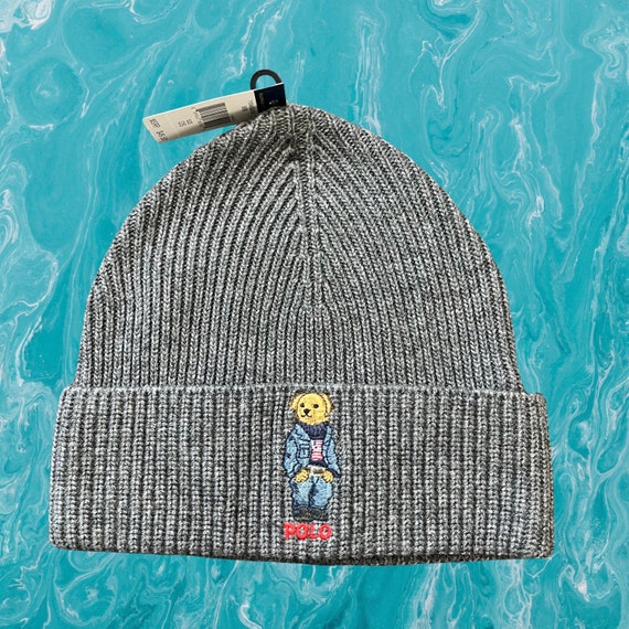 Polo Ralph Lauren Bonnet en laine brode ours en peluche annees 90 gris fonce Etsy France