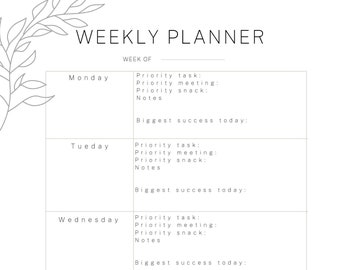 Minimalist Weekly Planner Printable / A4 printable / Weekly Priorities Planner / One Page Weekly Planner / Weekdays / Work Week / Academic