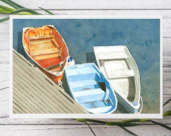 Trio of Boats Watercolor Print Card, blank nautical greeting card