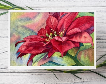 Red Poinsettia Watercolor Print Card, blank holiday greeting card