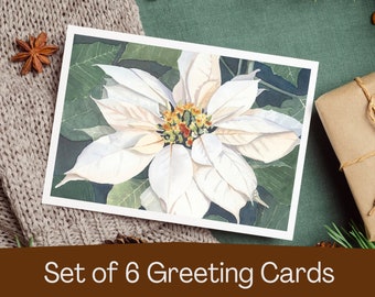 Poinsettia Set of Six Watercolor Print Cards, blank holiday greeting card set