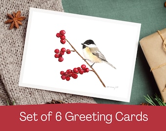 Chickadee Set of Six Watercolor Print Cards, blank bird greeting card set