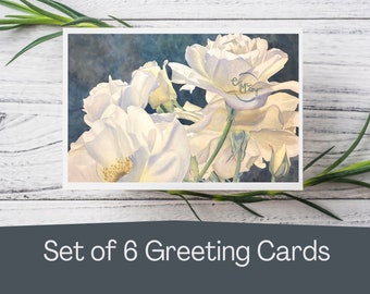 White Rose Set of Six Watercolor Print Cards, blank botanical greeting card set