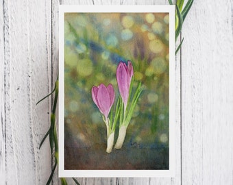 Cosmic Crocus Watercolor Print Card, blank botanical greeting card, purple spring flowers