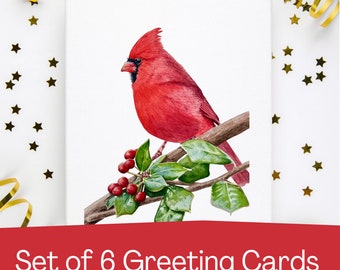 Cardinal Set of Six Watercolor Print Cards, blank bird greeting card set