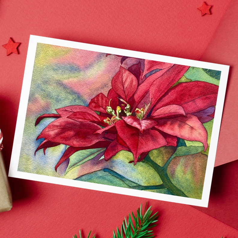 Red Poinsettia Watercolor Print Card, blank holiday greeting card image 2