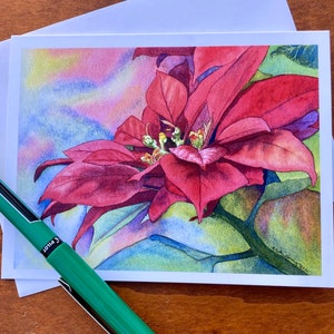 Red Poinsettia Watercolor Print Card, blank holiday greeting card image 5
