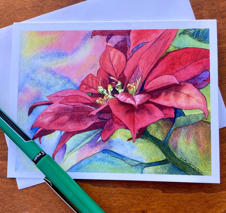 Red Poinsettia Watercolor Print Card, blank holiday greeting card image 5