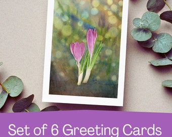 Cosmic Crocus Set of Six Watercolor Print Cards, blank botanical greeting card set