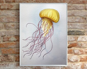 Jellyfish Watercolor Print by Erika McCoy, 8x10 unmatted vertical art print, nautical art, ocean, beach, fish, wall art