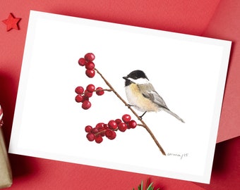 Chickadee Watercolor Card, blank bird greeting card