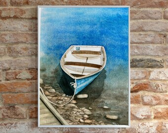 Rowboat Watercolor Print by Erika McCoy, 8x10 unmatted vertical art print, nautical art, ocean, beach, shore, blue, coastal, wall art