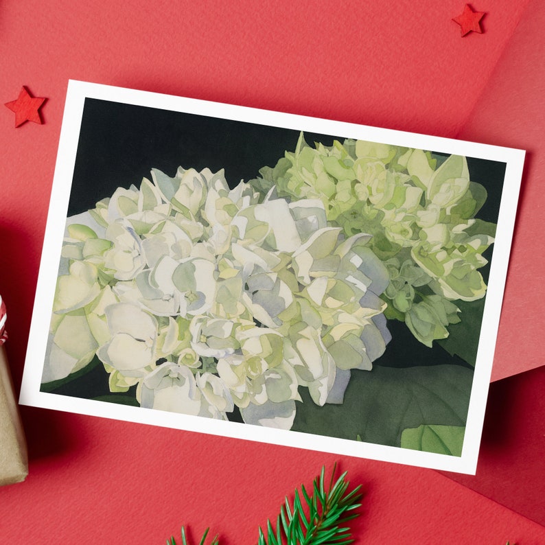 White Hydrangea Watercolor greeting card with two clusters of white and pale green hydrangea on a field of black.