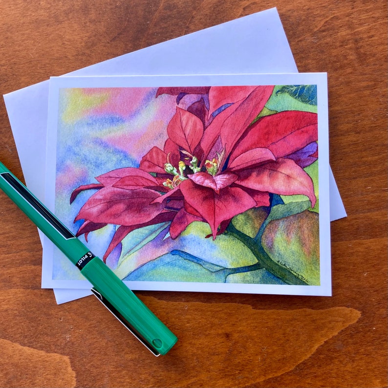 Red Poinsettia Watercolor Print Card, blank holiday greeting card image 6