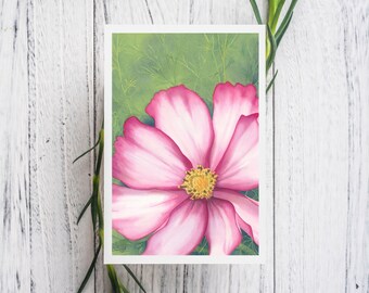 Cosmos Watercolor Print Card, blank botanical greeting card