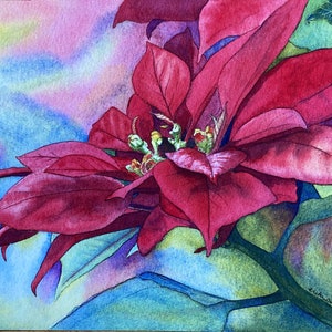 Red Poinsettia Watercolor Print Card, blank holiday greeting card image 4