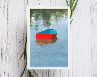 Red Boat Watercolor Print Card, blank nautical greeting card