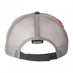 May include: A gray and black mesh trucker hat with an orange logo that says "Dri-Duck" on the back.