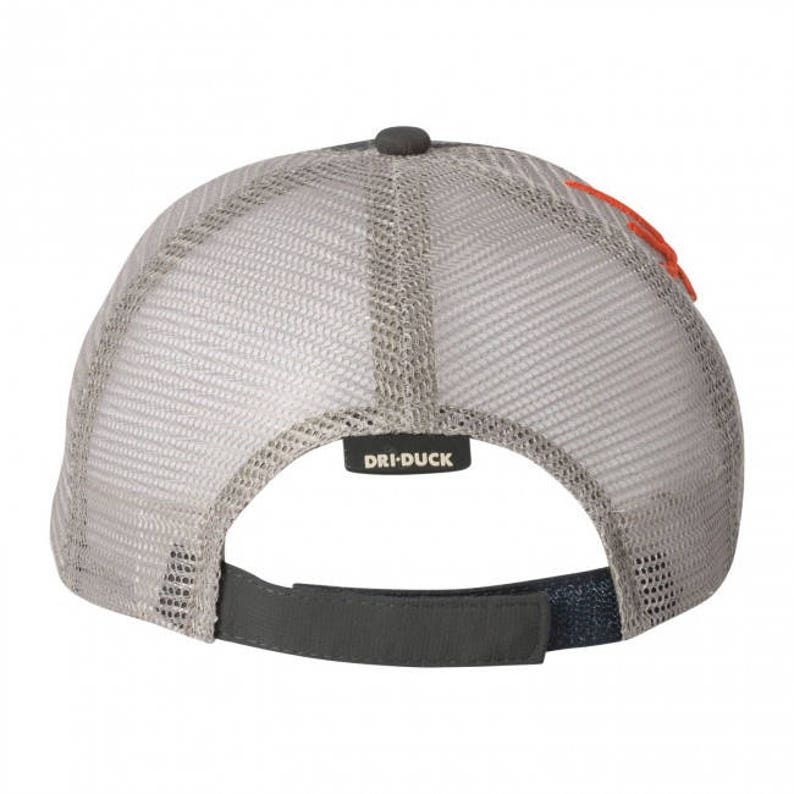 May include: A gray and black mesh trucker hat with an orange logo that says "Dri-Duck" on the back.