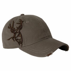 May include: A brown baseball cap with a distressed, frayed brim. The cap features an embroidered brown buck silhouette on the front.