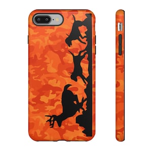 May include: Orange and black camouflage iPhone case with a silhouette of a deer and three dogs running.