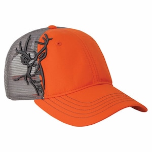May include: Orange and gray baseball cap with a black embroidered deer head design on the side. The cap has a mesh back.
