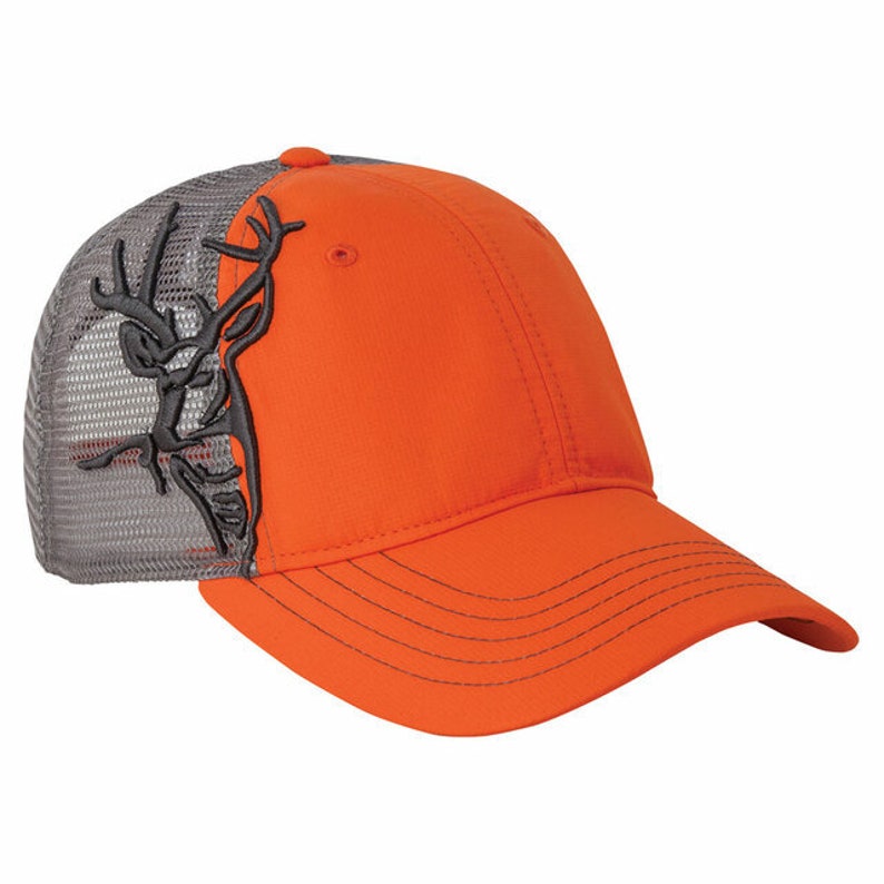 May include: Orange and gray baseball cap with a black embroidered deer head design on the side. The cap has a mesh back.