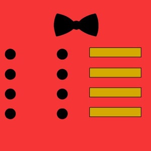May include: A red background with a black bow tie at the top. There are four black circles on each side of the image and four horizontal gold bars on the right side.