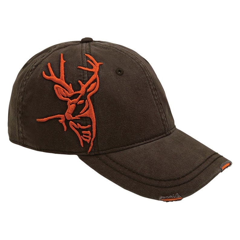 May include: A brown baseball cap with a distressed brim and an orange embroidered deer head design.