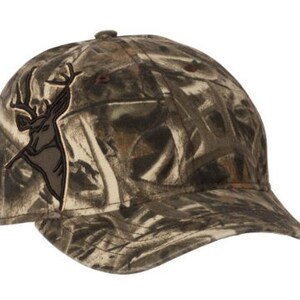 May include: A camouflage baseball cap with a brown deer silhouette embroidered on the front.