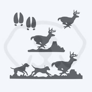 Hounds Chase Buck Hunting Deer Running Set met tracks SVG, pdf, png, eps, dxf digitaal downloadbestand voor knippen voor stickers, shirts en meer