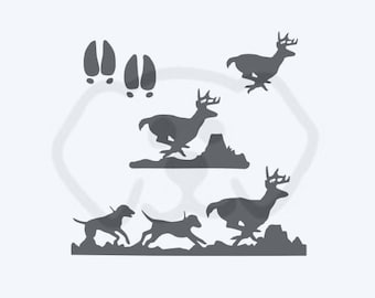 Cani da caccia che inseguono cervi SVG: file di taglio con tracce di cervo in corsa (download digitale)