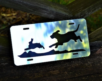 Mirrored or Black Hunting Beagle Chasing Rabbit License Plate