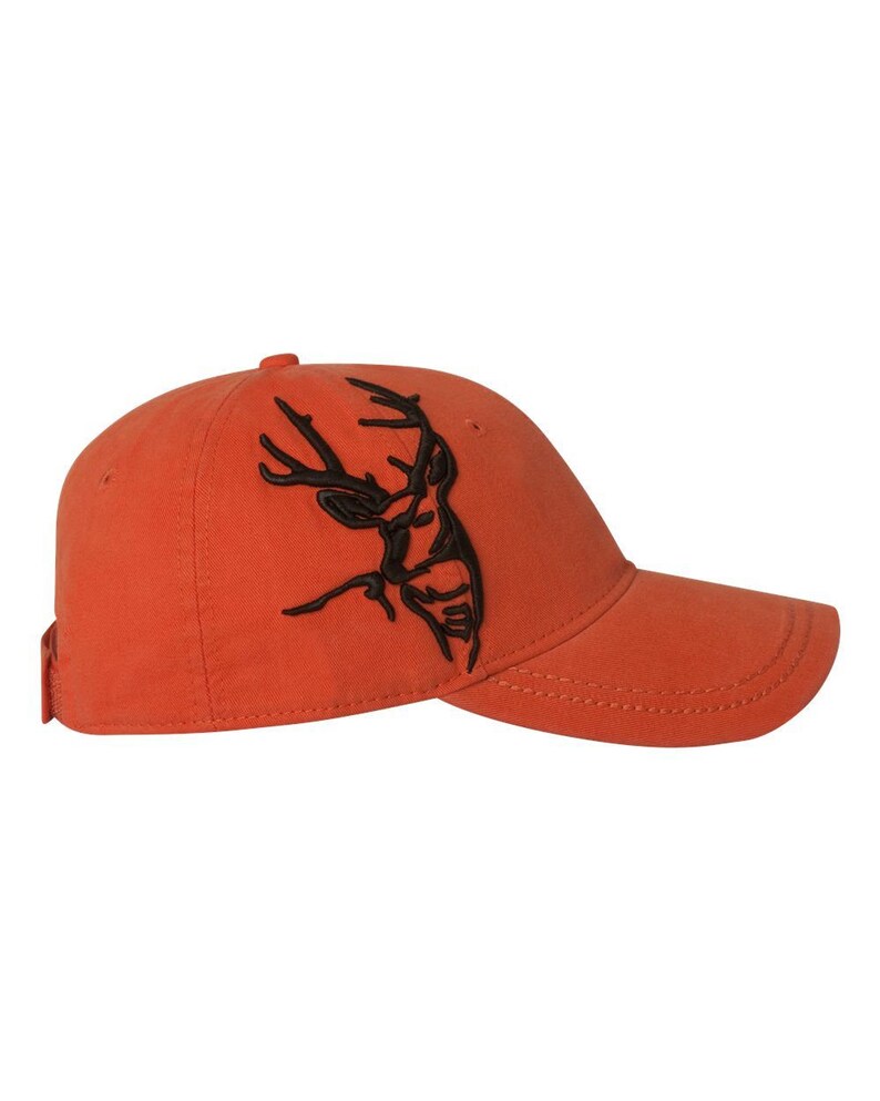 May include: An orange baseball cap with a black embroidered deer design.
