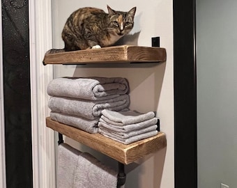 Set of (2) OLD BARN BEAM Bathroom Shelves with Towel Bar, Floating Shelves, Floating Shelf, Industrial Shelving, Heavy-duty Shelving