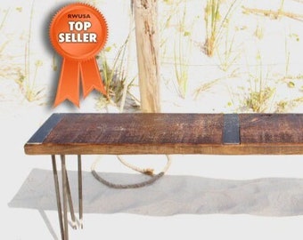 Reclaimed Wood Bench, Rustic Industrial Style, Metal Inlay