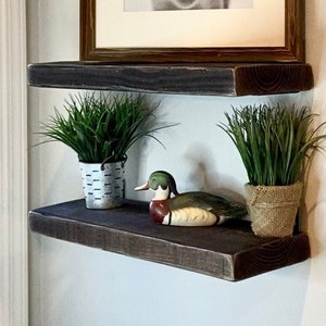 May include: Two wooden shelves with a rustic finish, mounted on a white wall. The top shelf has a framed picture, while the bottom shelf has a small potted plant, a wooden duck decoy, and another potted plant.