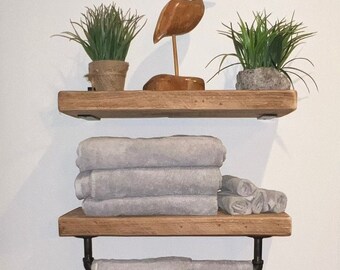 Set of 2 OLD BARN BEAM Bathroom Shelves With Towel Bar Floating Shelves Floating Shelf Industrial Shelving Heavy duty Shelving Etsy