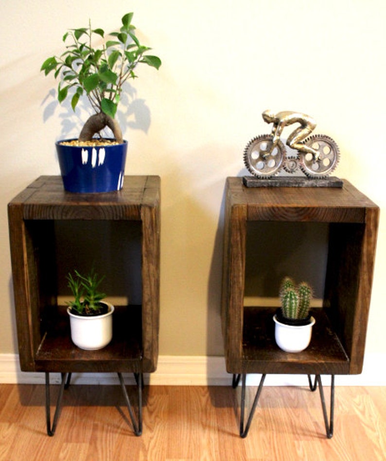 hairpin legs side tables night stands Pair of end tables reclaimed wood industrial side tables entry tables plant stands
