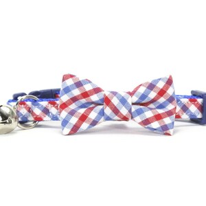 Patriotic Cat Bow Tie Collar - Red White Blue Gingham - Americana - with Breakaway Safety Collar and Bell